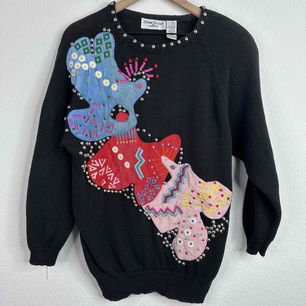 VTG Bonnie Boerer Sweater M‎ Black Embellished 80s Art Abstract Retro Maximalist